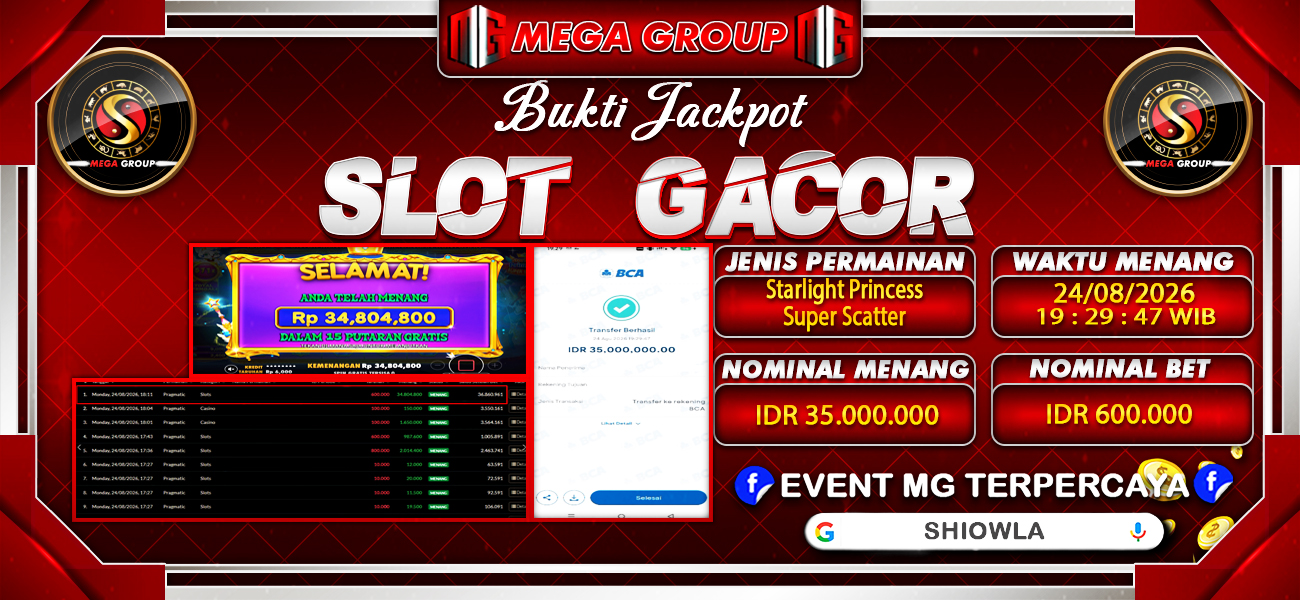 Bukti JP situs Shiowla hari Senin, 24 Agustus 2026